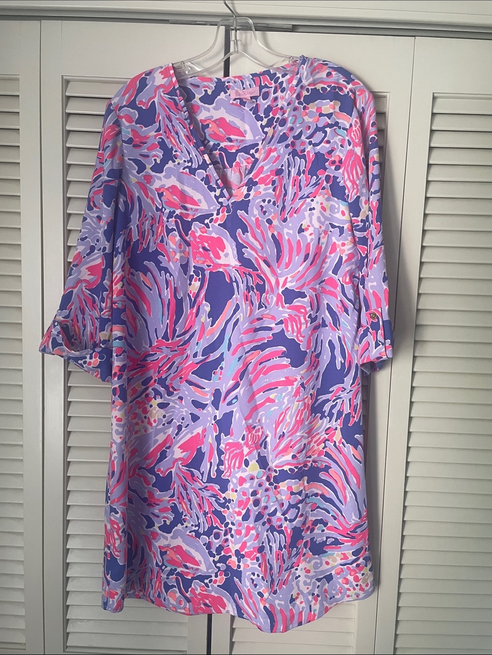 Lilly Pulitzer Arielle tunic dress Sz M Shrimply chic Iris Blue 3/4 sleeves
